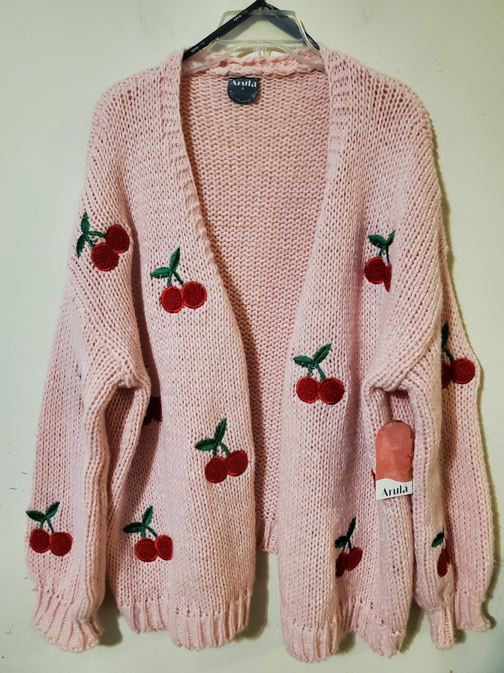 Arula Pink Chunky Knit Oversized Cherry Open Front Cardigan 1X